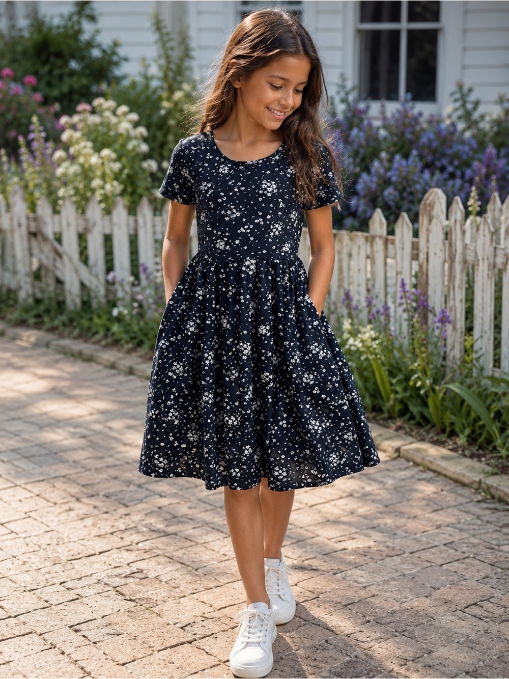 Old Navy Navy Floral Short-Sleeve Gathered Dress (14/16)